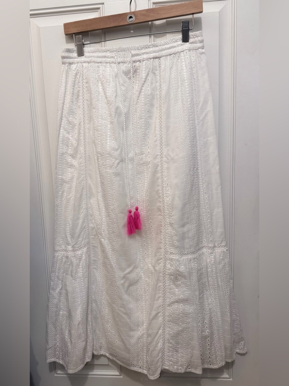 RAGA White Eyelet Maxi Skirt with Pink Tassels